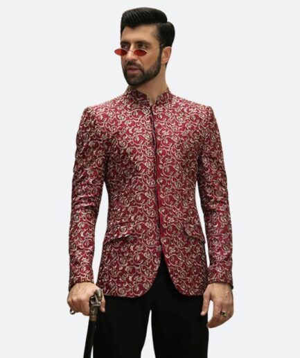 Marron Color Embroidered Prince Coat For Men