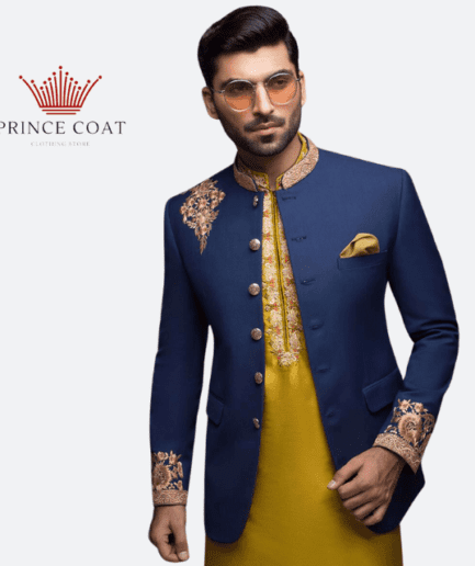 A man wearing a blue prince coat with embroidery