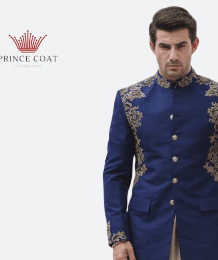 Blue color raw silk embroidery prince coat for men's