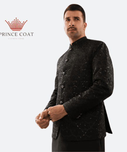 A man wearing a black color embroidered prince coat
