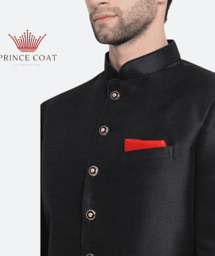 Front pocket picture of raw silk prince coat in black color