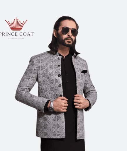Silver color raw silk prince coat for men's