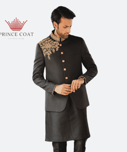 hand embellished plain fabric black color prince coat for men's
