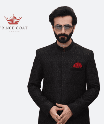 Black color raw silk prince coat for men's