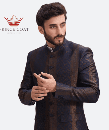 Blue prince coat in atlas jamawar fabric for men's