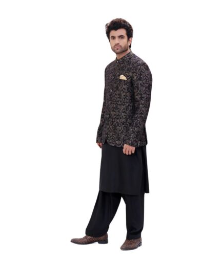 Grey and Black Jamawar prince coat for menswear