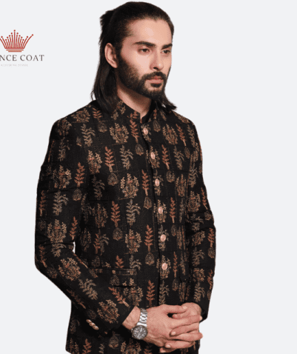 Black prince coat in raw silk material for men's
