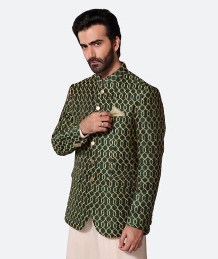 Green color chikan embroidery prince coat for men's
