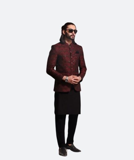 Maroon color jamawar prince coat with blended kurta