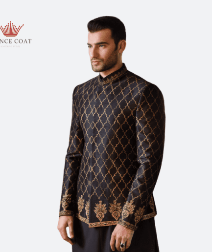 Black color silk canvas embellished prince coat for men's