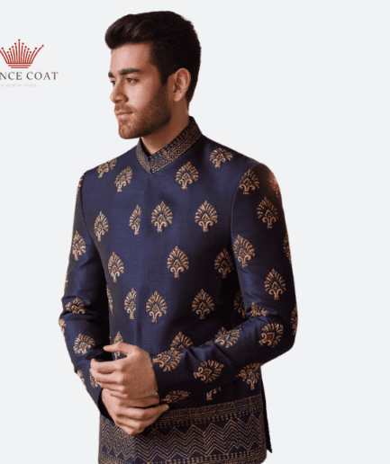 hand embellishments blue color prince coat for menswear