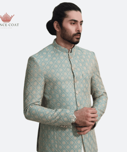 mint green prince coat in maesuri fabric for menswear