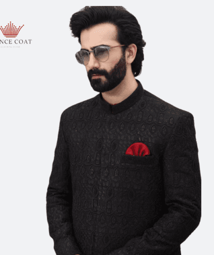Black prince coat in raw silk material for men's