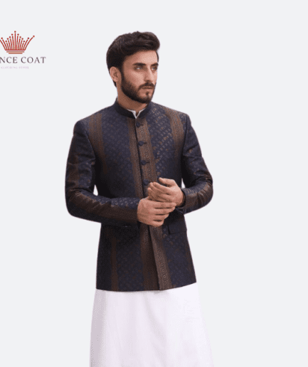 Blue color jamawar fabric prince coat for menswear