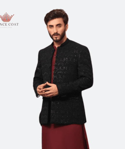 Black raw silk embroidery prince coat for men's