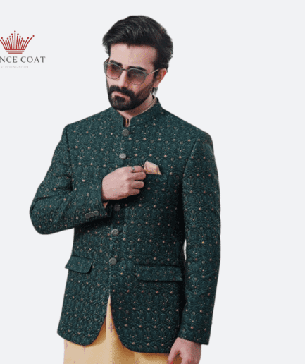 Bottle Green prince coat for men's in jamawar fabric
