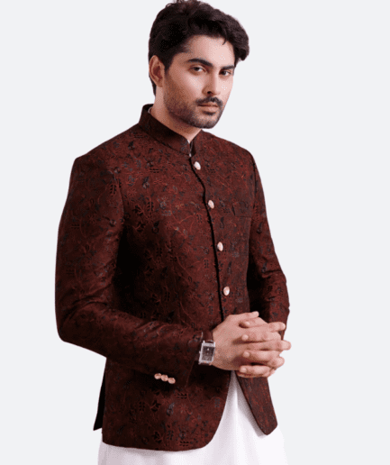 Maroon Color prince coat in jamawar fabric