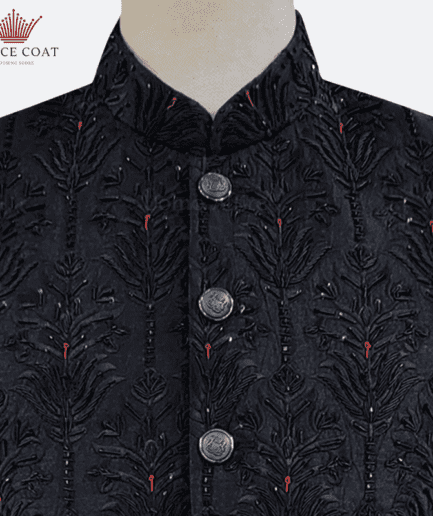 Close picture of embellished black prince coat