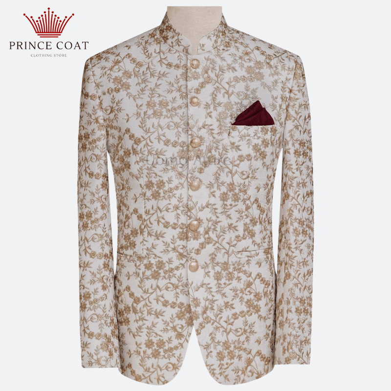 Luxurious fully embroidered prince coat with golden brass buttons 1 Fully Embroidered with golden brass button prince coat for men's