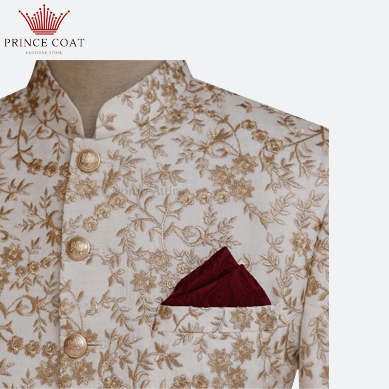 Luxurious fully embroidered prince coat with golden brass buttons 2