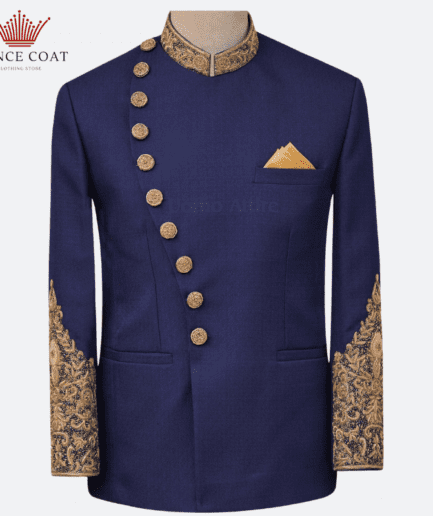 Blue color golden embellished prince coat for men's.