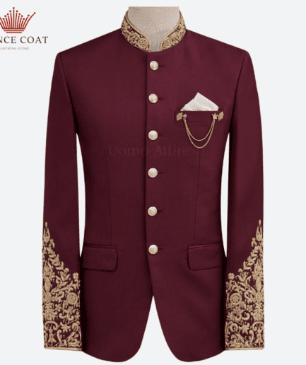 Maroon color micro embellishment men's prince coat